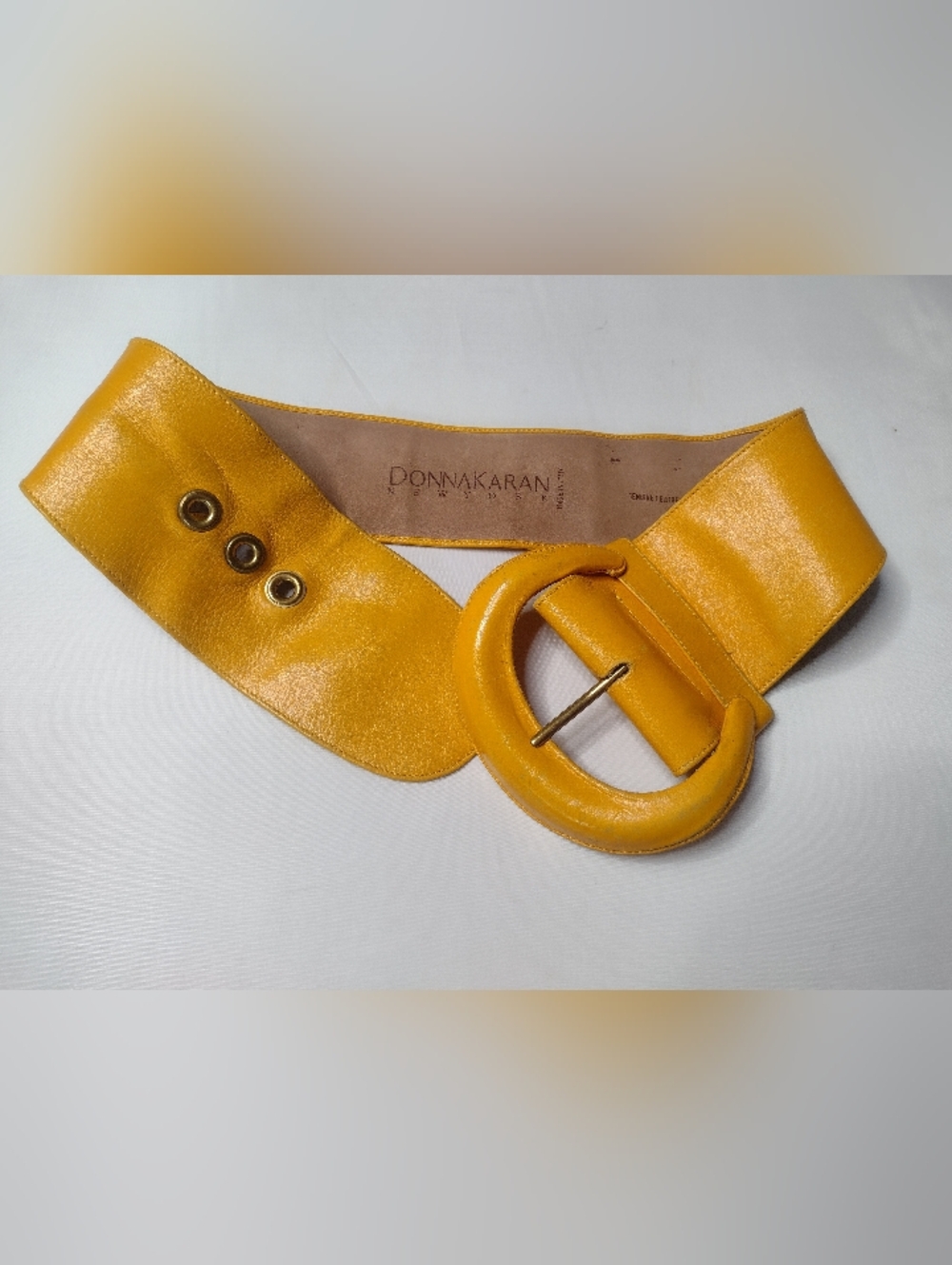 Vintage Donna Karan 1980s Oversized Wide Leather Belt Small Yellow Big Buckle T